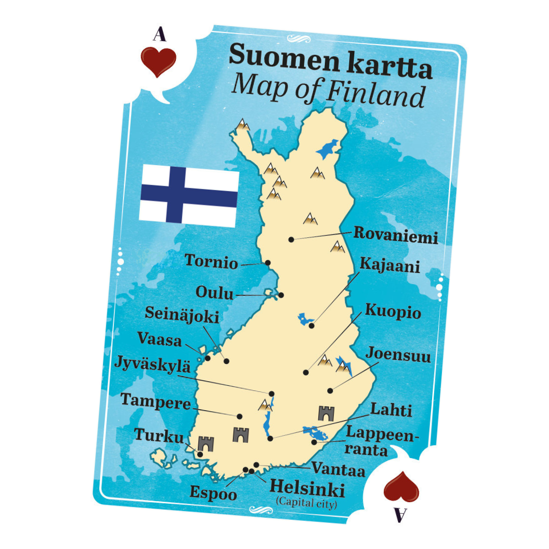 Pelikortit kielten opiskeluun. Language cards. Suomen kartta. Map of Finland.
